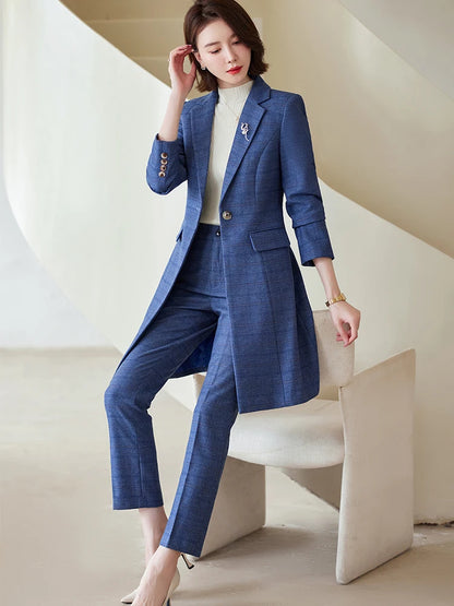 Plaid Long Blazer and Trousers Women's Formal Suit