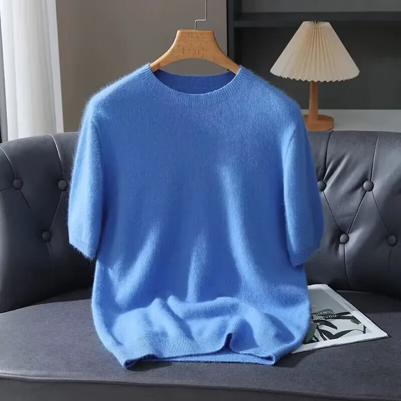 100% Mink Cashmere Round Neck Knitted T-Shirt Sweater