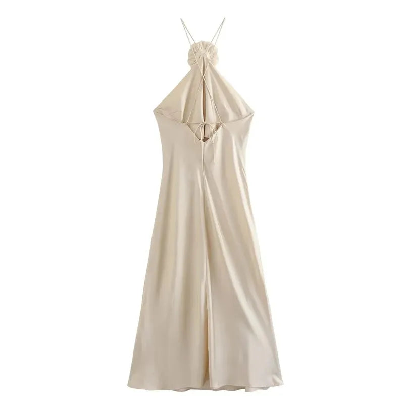 Backless Flower Halter Neckline Satin Dress