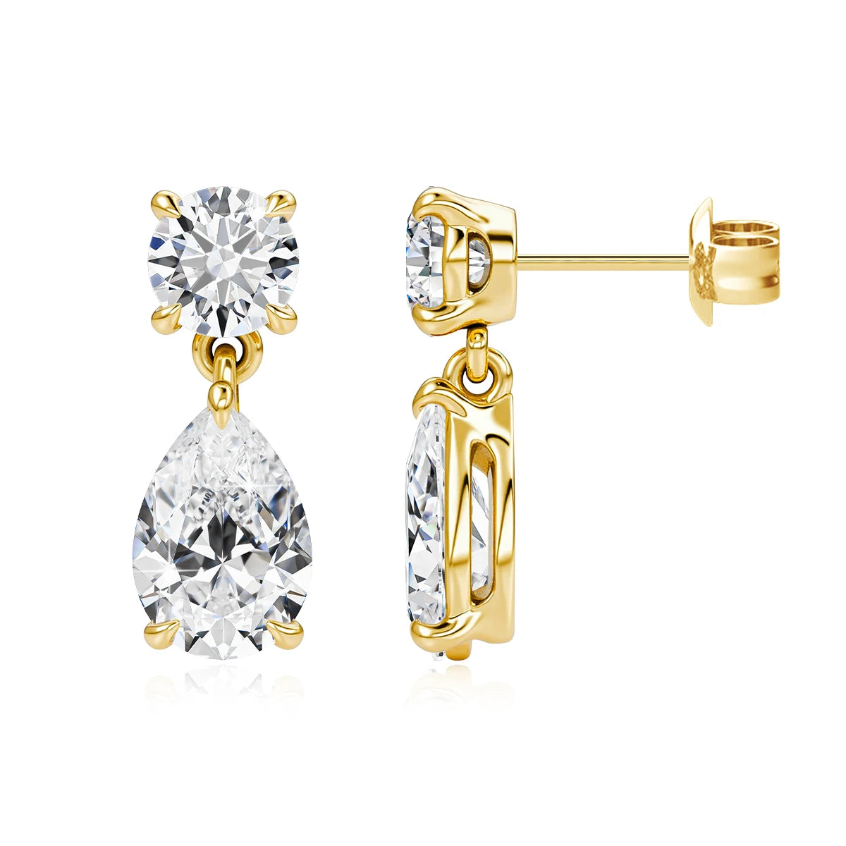 18K Gold Plated Two-Stone Moissanite Earrings Round & Pear Cut