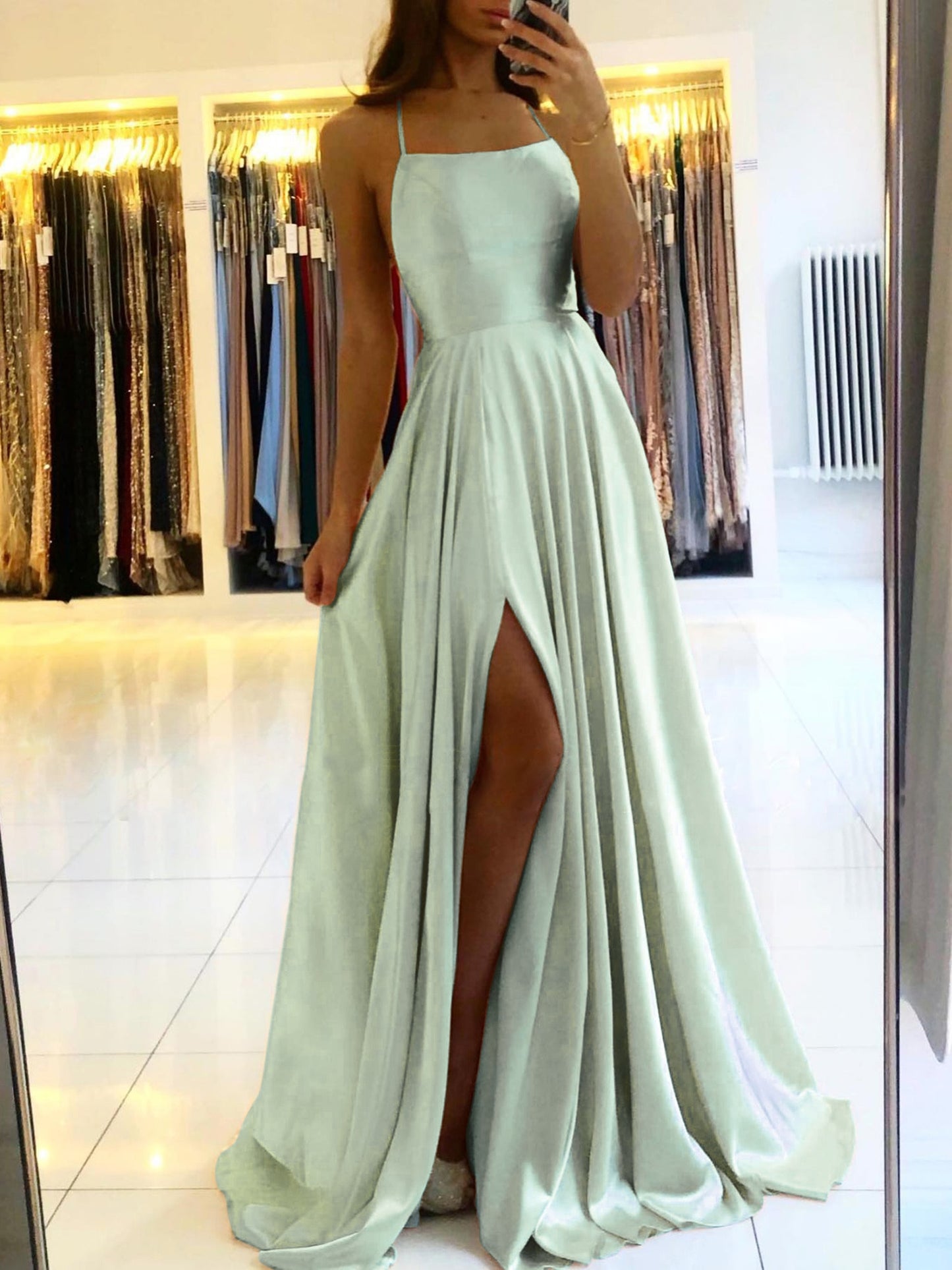 Spaghetti Straps Backless Long Satin Dresses - Bridesmaids Dress