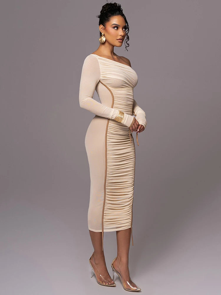 Long Sleeves Two Layer Mesh Midi Bodycon Dress