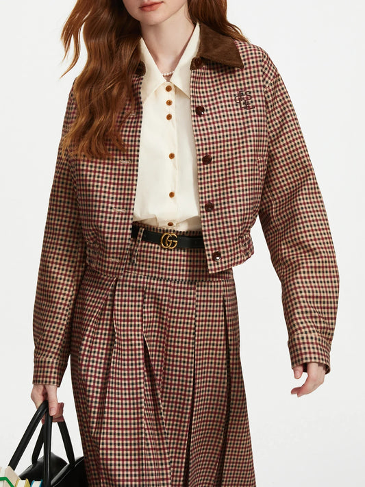 Checkerboard Coat and Pleated Skirt Set