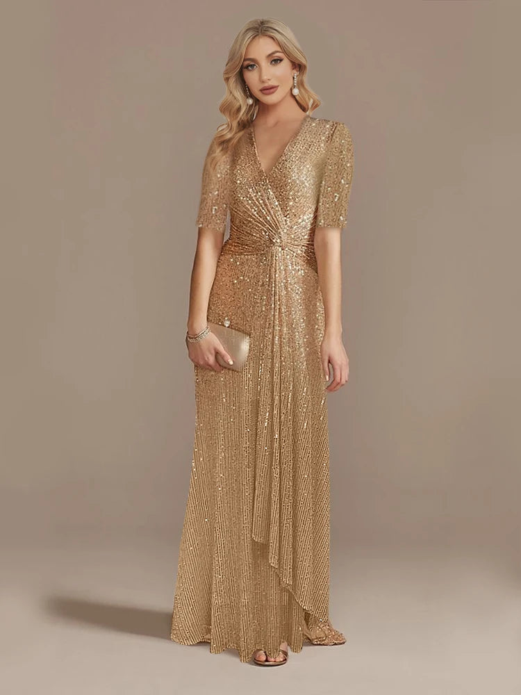 Short Sleeve V-Neckline Floor Length Evening Dress - Sequin Mother of the Bride Dress