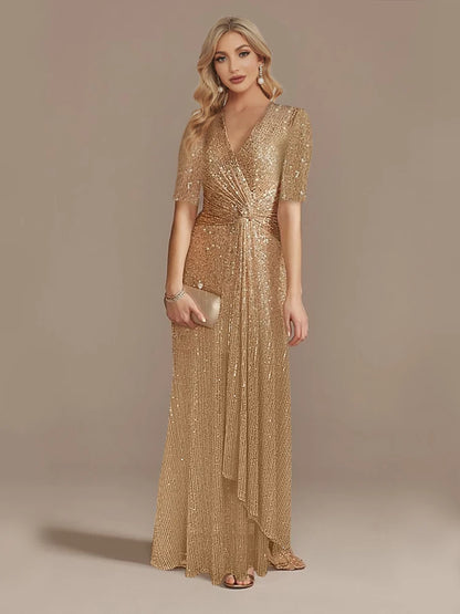 Short Sleeve V-Neckline Floor Length Evening Dress - Sequin Mother of the Bride Dress