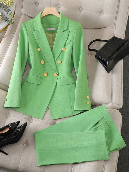 Gold Button Decoration Formal Blazer and Trouser Suit