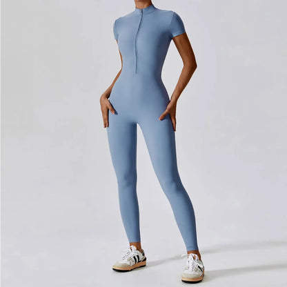 Seamless Short-Sleeve Front Zipper Yoga Jumpsuit