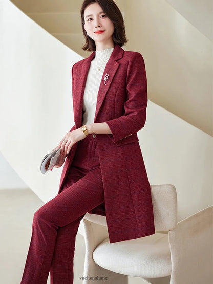 Plaid Long Blazer and Trousers Women's Formal Suit