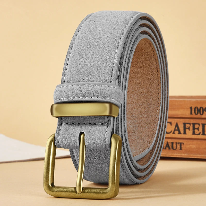 100% Suede Leather Belt for Women & Men with Gold Buckle