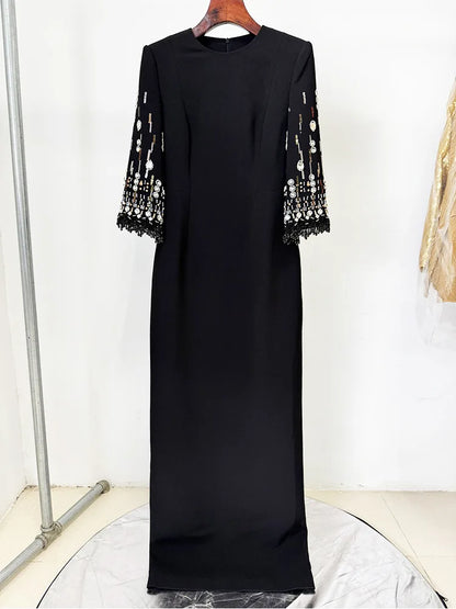 Beaded Haute Couture Floor-Length Dress – 3/4 Sleeves, Formal Elegance