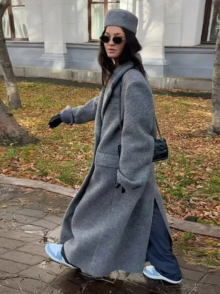 Very Long Oversize Gray Double Breasted Coat