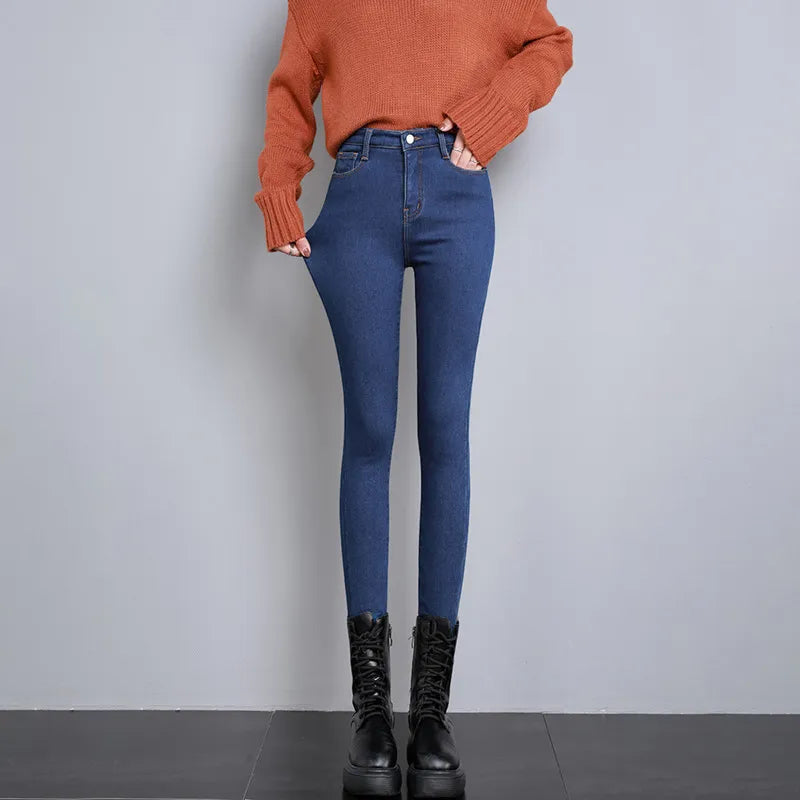 Winter Velvet Lined Thermal Denim Skinny Cut Trousers