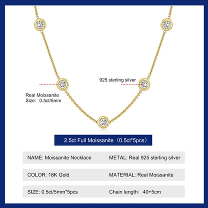 2.5ct Moissanite 5 Stones Moissanite 18k Gold Plated Necklace