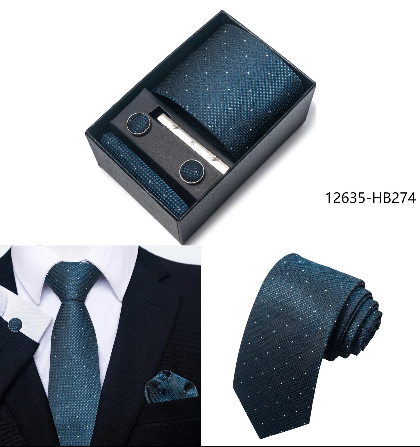 Solid Color 5 Pcs Tie Set Handkerchief, Cufflinks, Tie and Clip