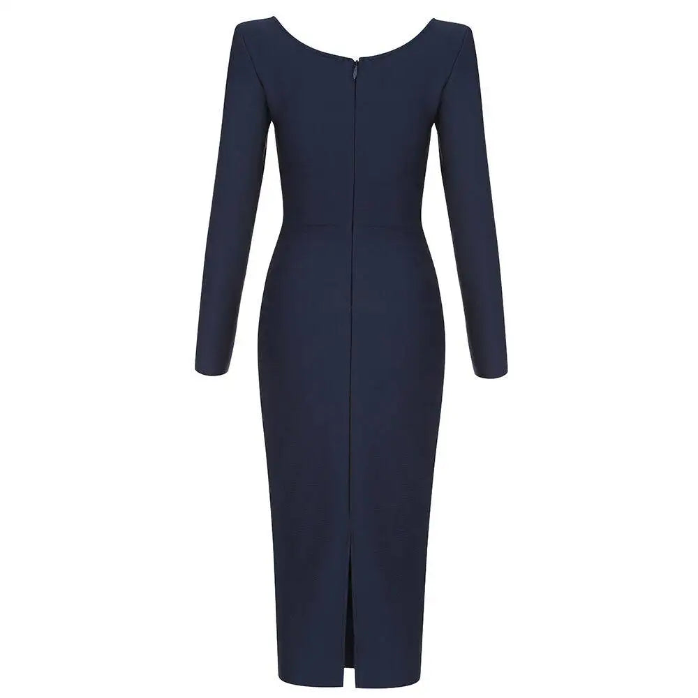 Long Sleeves U Neckline Bandage Navy Dress