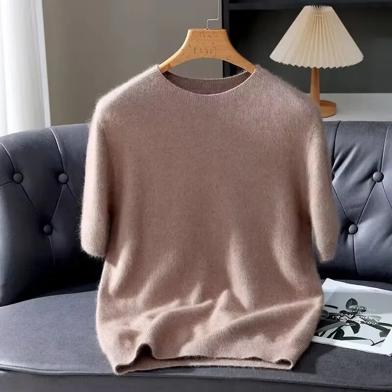 100% Mink Cashmere Round Neck Knitted T-Shirt Sweater