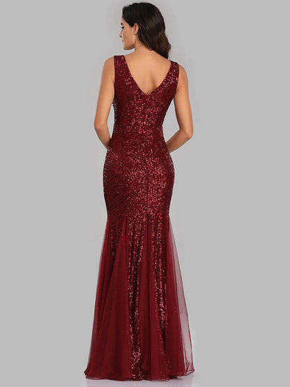 Sleeveless V Neckline Sequin Evening Dress