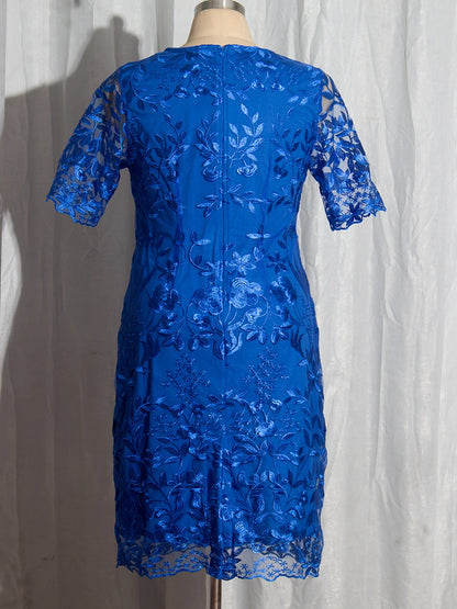 Mother of the Bride Floral Embroidered Lace Blue Dress