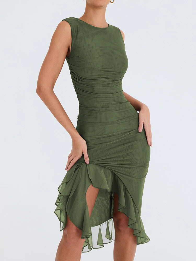 Sleeveless Ruffle Details Asymmetrical Length Dress