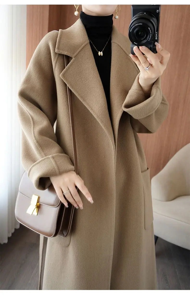 100% Cashmere-Wool Blend Belted Long Overcoat