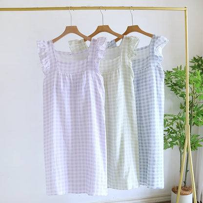 100% Pure Cotton Home Dress Plaid Nightgown with Built-in Bra