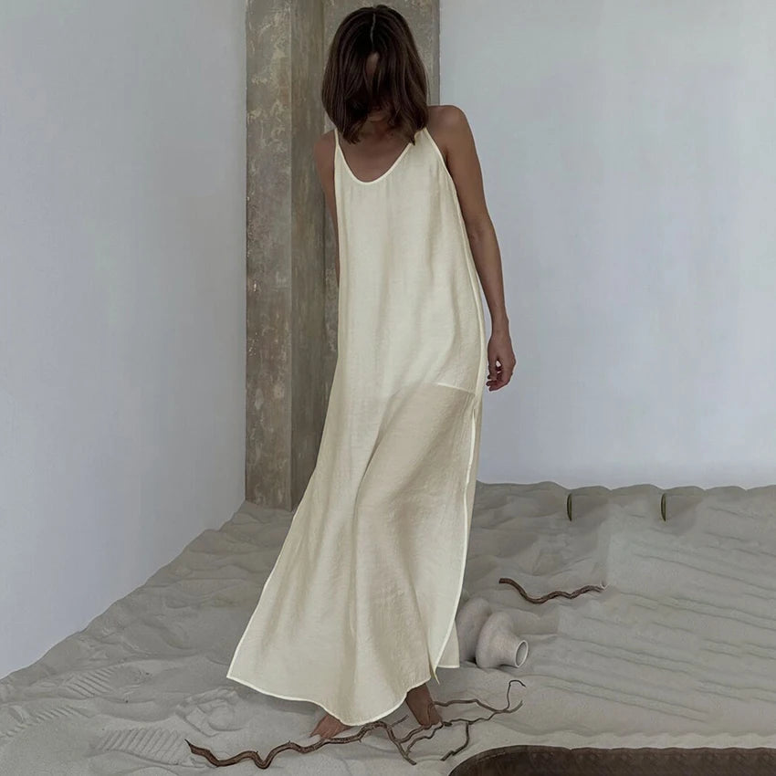 Lined Casual Long Back Deep V Dress