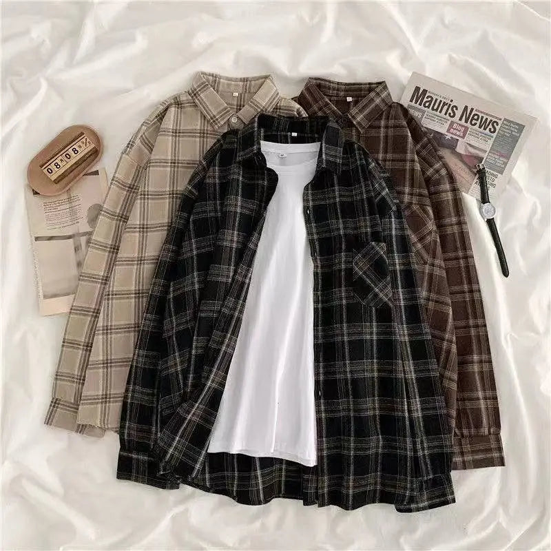 Women's Autumn Vintage Plaid Oversize Cotton Shirt