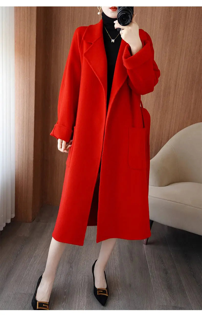 100% Cashmere-Wool Blend Belted Long Overcoat