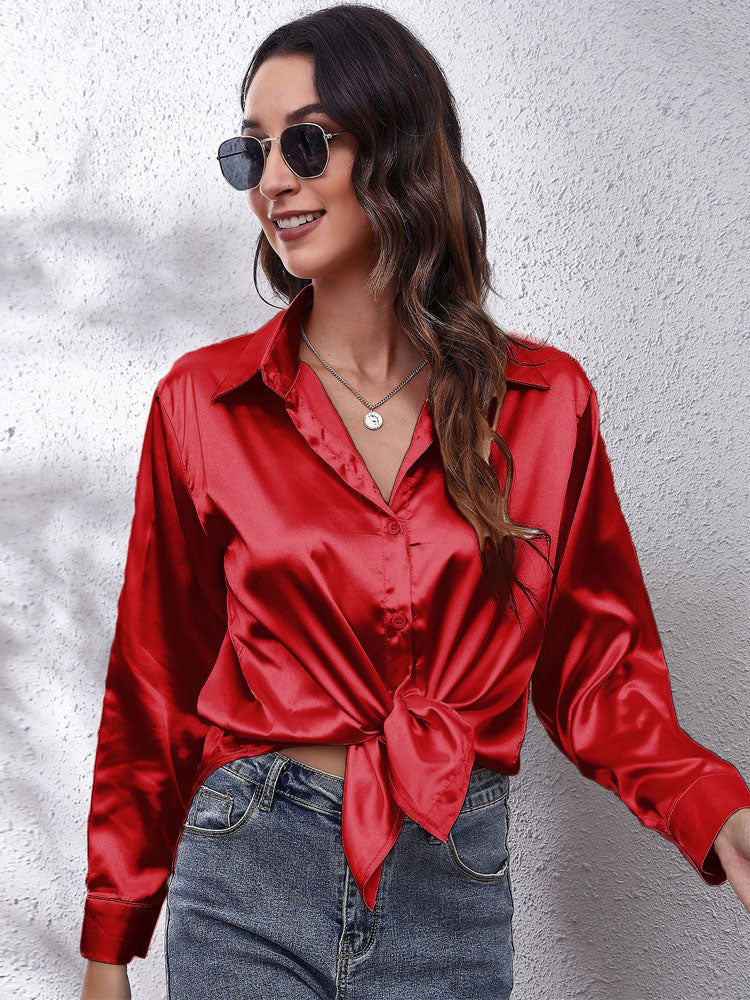 Loose Fit Satin Long Sleeve Button Up Blouse Shirt