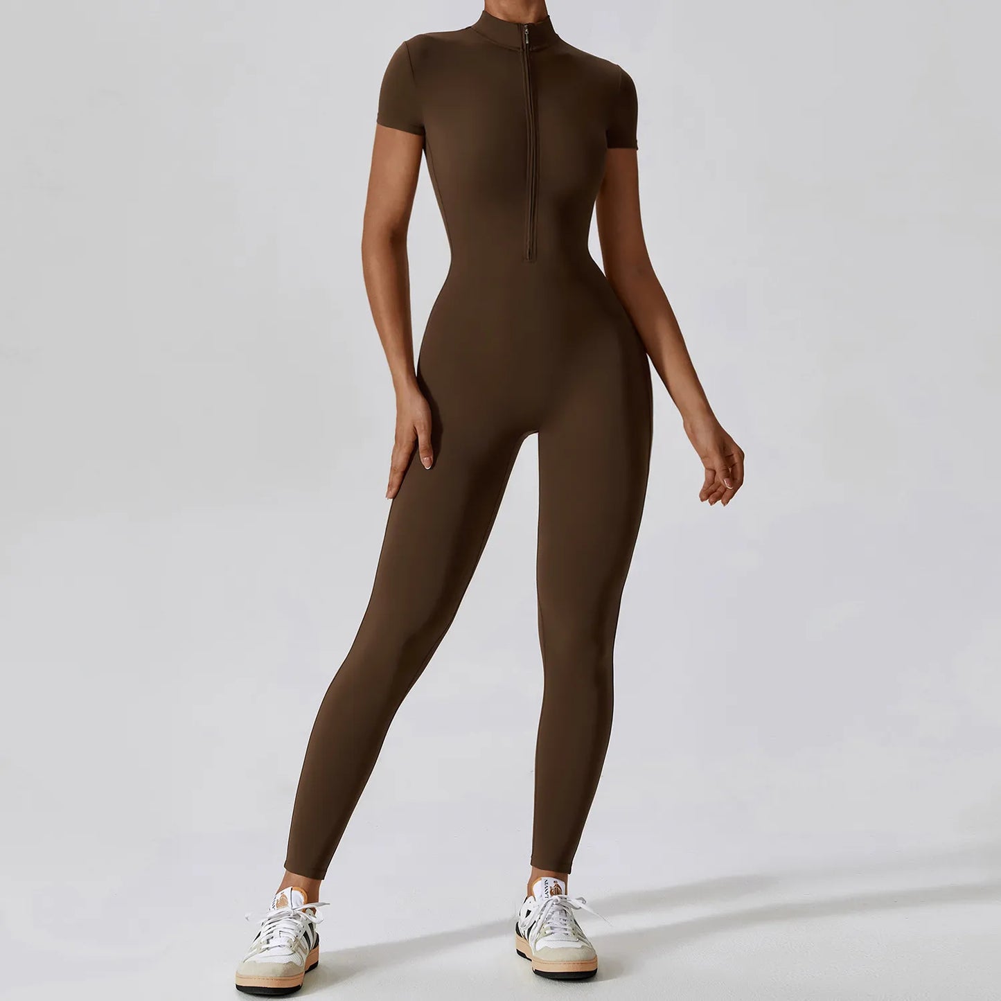 Seamless Short-Sleeve Front Zipper Yoga Jumpsuit