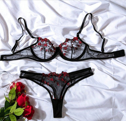 Floral Embroidery Lingerie Set Lace Bra and Thong Set