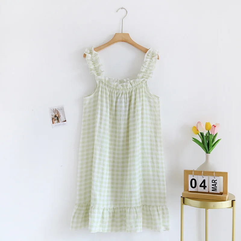 100% Cotton Crepe Home Dress Plaid Sleepwear Dress