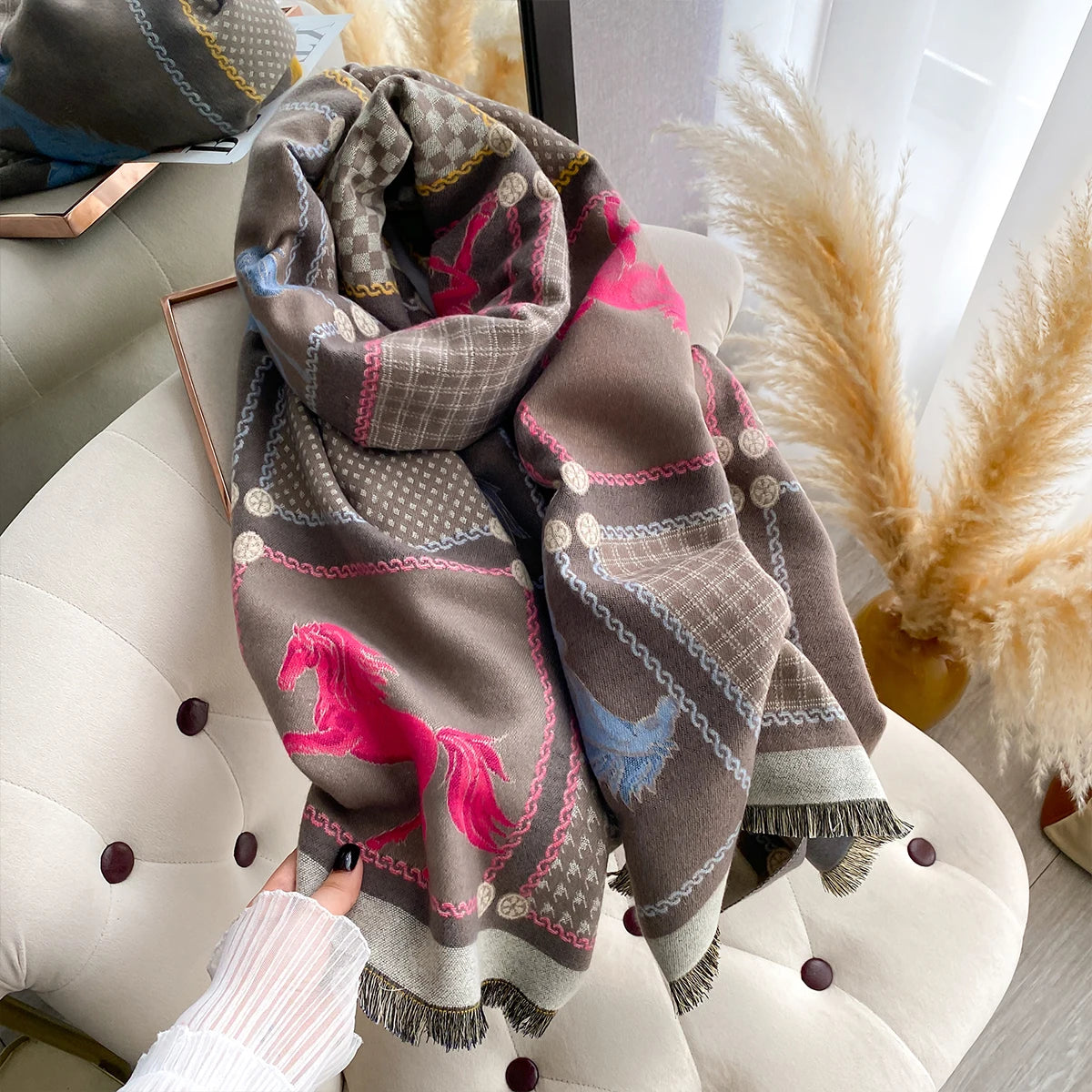 Double-Sided Horses Print Scarf