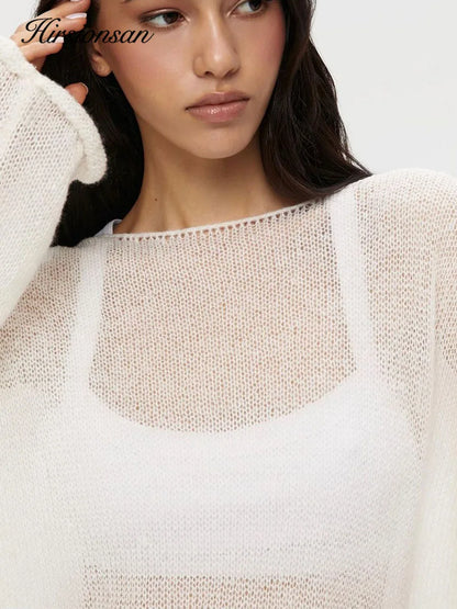 Long Sleeve Boat Neckline Loose Fit Pullover Sheer Sweater