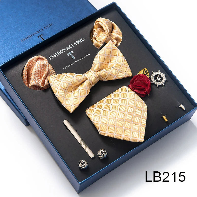 Luxury Bowtie 8 Pcs Tie Set Necktie, Bowtie, 2 Brooches, 2 Cufflinks, and 2 Pocket square