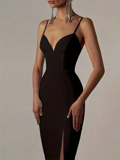 Spaghetti Straps Side Split Long Black Bandage Dress