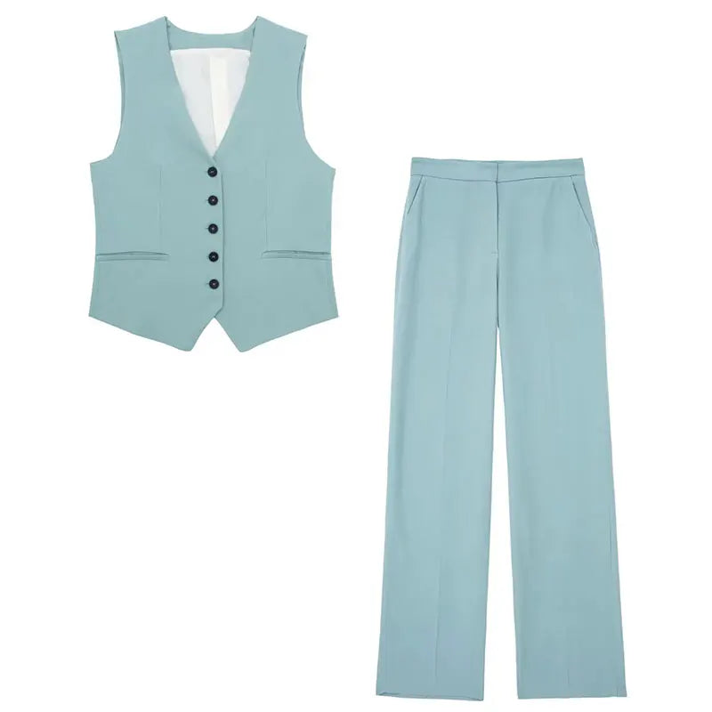 Women's Turquoise Vest and Wide Leg Pants Suit