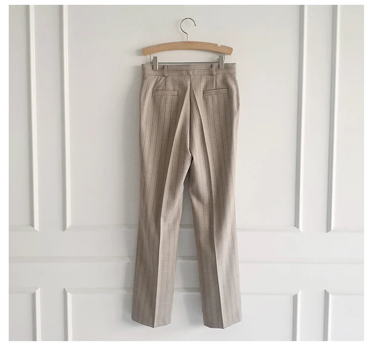 Women’s Khaki Striped Slim-Fit Suit – Tailored Blazer with Foldable Cuffs