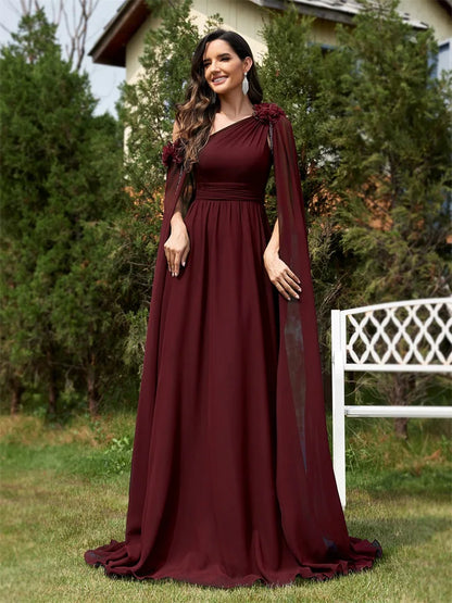 One Shoulder Very Long Sleeve Chiffon Evening Dress – Plus Size Dress with Flower Details