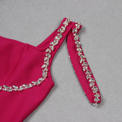 Fuchsia Spaghetti Straps Crystal-Encrusted Details Midi Dress