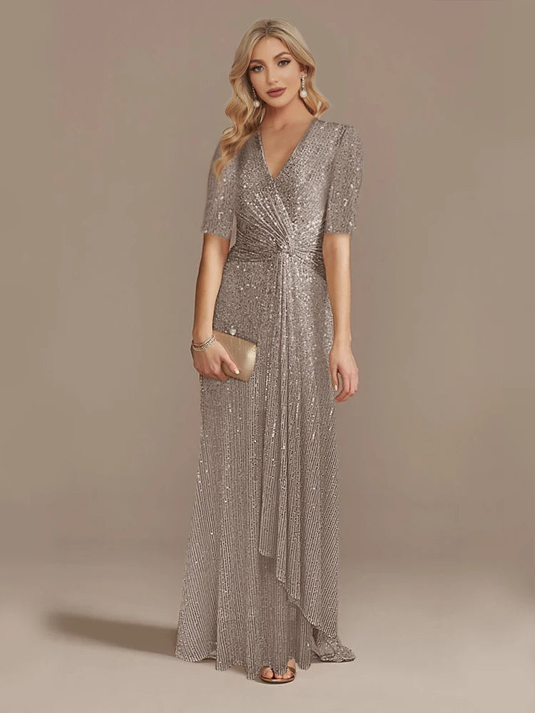 Short Sleeve V-Neckline Floor Length Evening Dress - Sequin Mother of the Bride Dress