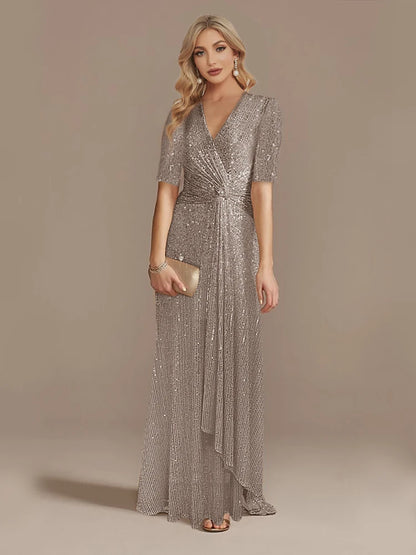 Short Sleeve V-Neckline Floor Length Evening Dress - Sequin Mother of the Bride Dress