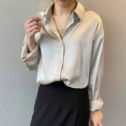 Long Sleeve Button Up Silk Like Blouse Shirt