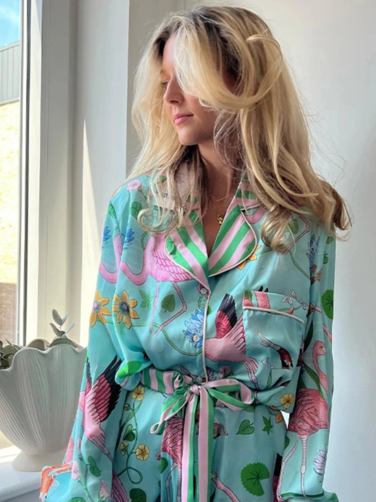 Flamingo Print Satin Long Sleeve Pajama Set