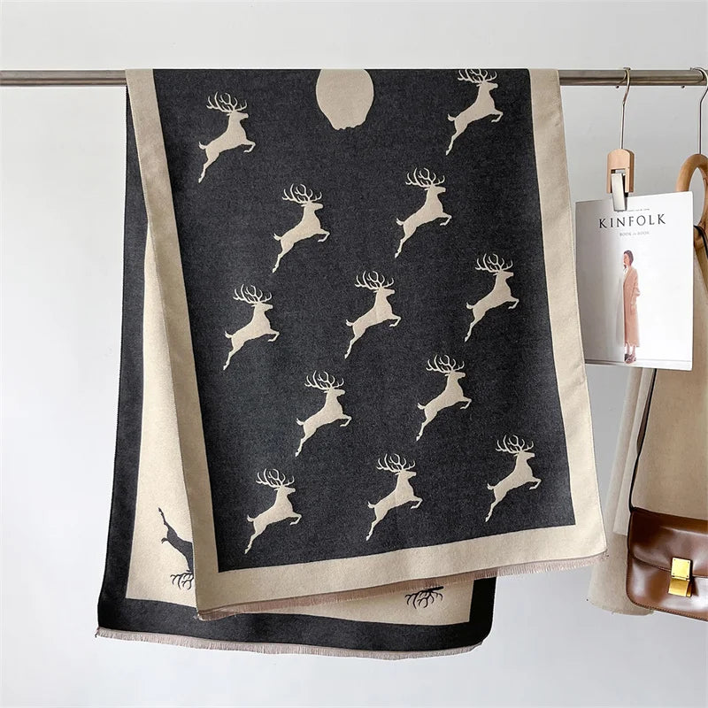 Luxury Cashmere Scarf - Deers Print Double-Sided Pashmina