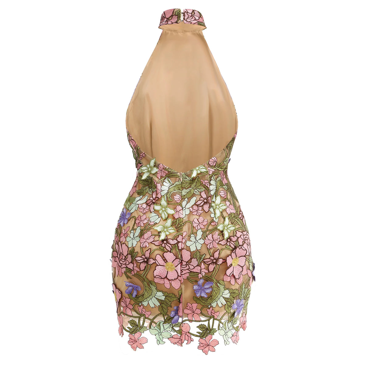 Floral Embroidery Halter Neckline Mini Dress