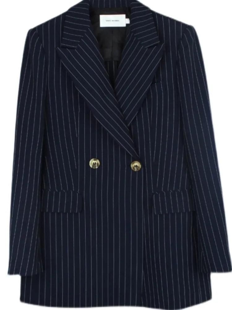 Navy Blue Striped Loose Cut Blazer and Shorts Suit