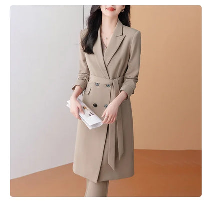 Women 2 Pcs Formal Suit Long Blazer and Straight Pants Suit