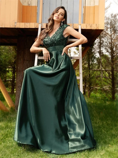 Cap Sleeves V-Neckline Satin Sequin Bridesmaid Dress – Emerald A-Line Gown