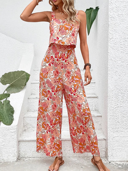 Floral Square Neckline Casual Wide Leg Jumpsuit